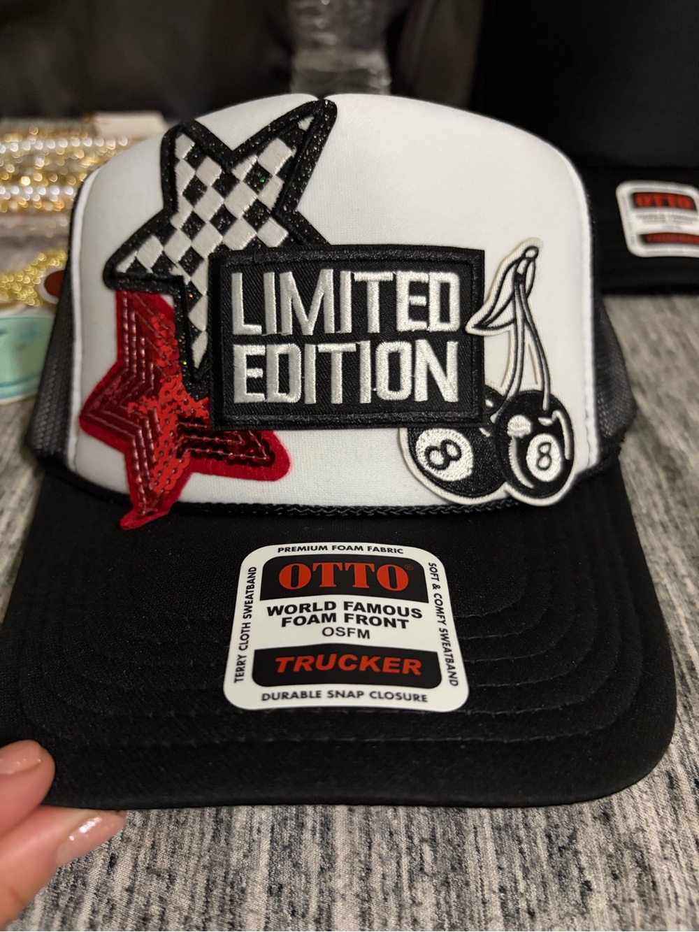OTTO White & Black Trucker Hat with Red Star Patch